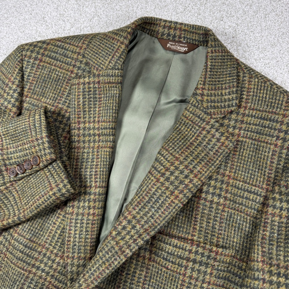 Paul Stuart Sport Coat Men 43 Tweed Green Brown Plaid Wool Blazer
